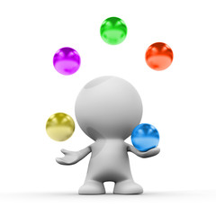 white character juggling five colorful balls