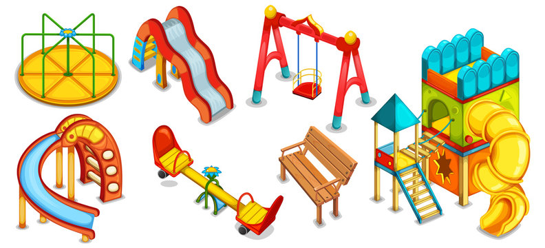 A set of illustrations of the playground. Equipment for playing. Playhouse. Slides, swings and roundabout.