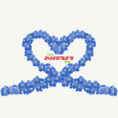 Heart of forget-me flowers with an inscription Happy Mothers Day on a white background. Happy Mothers Day concept background.