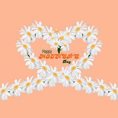 Happy Mothers Day concept background. Heart of chamomile flowers on a pink background with an inscription Happy Mothers Day.