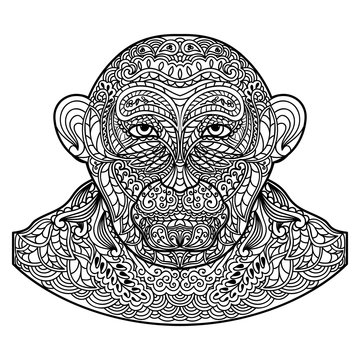 Patterned monkey head isolated on white background. Black monochrome patterned silhouette of the bust.