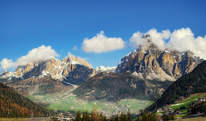 Amazing scenery of Dolomites, Italian Alps, view with village