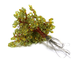 tree collection process, branch, woven beaded siding, green glas