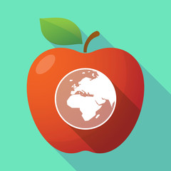 Long shadow red apple icon with   an Asia, Africa and Europe reg