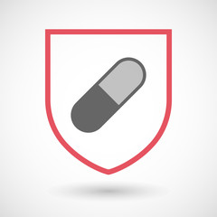 Isolated line art shield icon with a pill