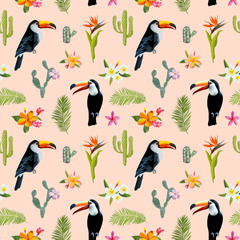 Tropical Background. Toucan Bird. Cactus Background. Tropical Flowers