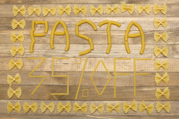 pasta  thirty five percent off text made of raw pasta
