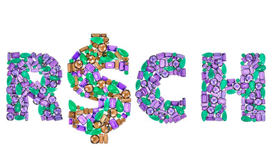 Word RICH, Dollar sign gemstone. Finance concept