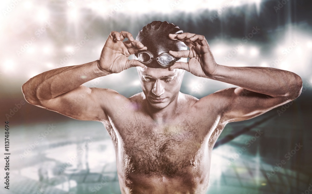 Poster Composite image of swimmer holding goggles