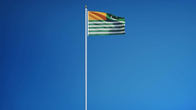 Azad Kashmir flag waving in slow motion against clean blue sky, seamlessly looped, long shot isolated on alpha channel with black and white luminance matte, perfect for film, news, digital composition