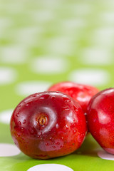 Three cherries on the table cloth with blurred background