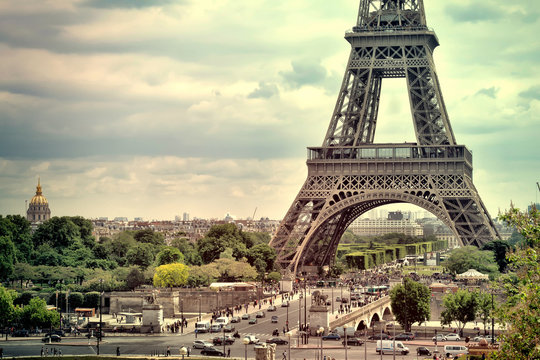 Panorama Eiffel Tower in Paris. France. Vintage view. Tour Eiffel old retro style. 
