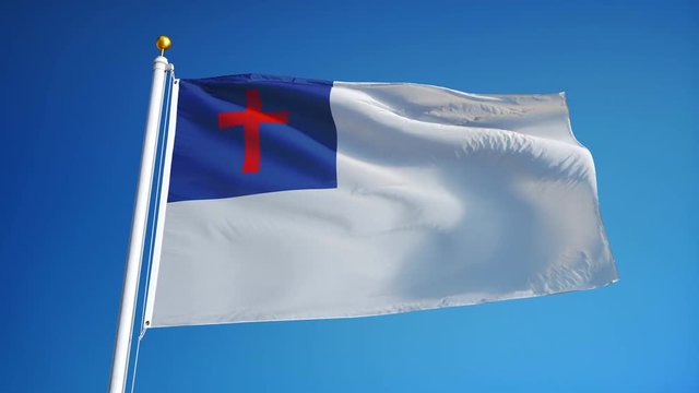 Christian flag waving in slow motion against clean blue sky, seamlessly looped, close up, isolated on alpha channel with black and white luminance matte, perfect for film, news, digital composition