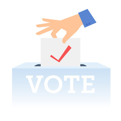 Human hand putting voting paper in the ballot box. Flat concept illustration of hand, ballot paper, voting container. Isolated vector infographic element for web, presentation, brochures.