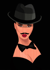 Vector illustration: sexy gangster girl in a man's suit with a mustache.