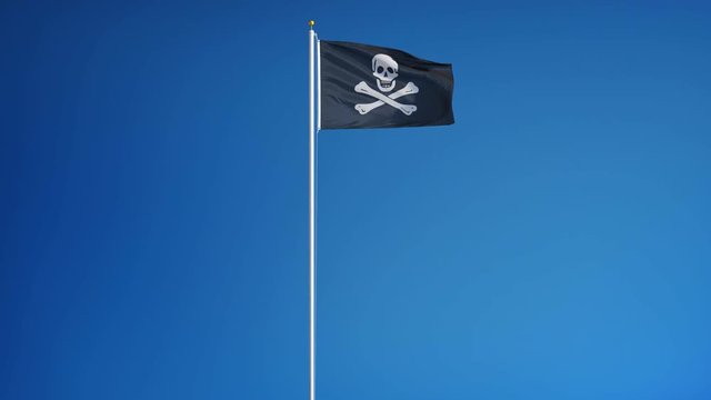 Pirate flag waving in slow motion against clean blue sky, seamlessly looped, long shot, isolated on alpha channel with black and white luminance matte, perfect for film, news, digital composition