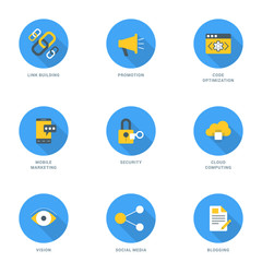 Set of FlatDesign SEO Icons With Long Shadow. Link Building, Promotion, Code Optimization, Security, Mobile Marketing, Cloud Computing, Vision, Social Media, Blogging. Vector Icons