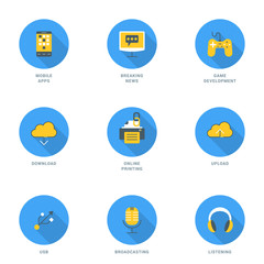 Fototapeta premium Set of Flat Design Icons With Long Shadow. Modile Apps, Game Development, Breaking News, Online Printing, Download, Upload, USB, Broadcasting, Listening. Vector Icons