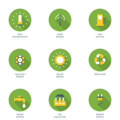 Set of Flat Design Ecology Icons With Long Shadow. New Technologies, Wind Energy, Gas Station, Nuclear Energy, Solar Energy, Recycling, Water Supply, Air Pollution, Energy Supply. Vector Icons