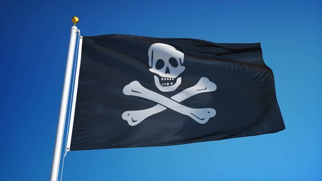 Pirate flag waving in slow motion against clean blue sky, seamlessly looped, close up, isolated on alpha channel with black and white luminance matte, perfect for film, news, digital composition