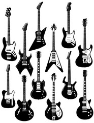 A set of twelve precisely drawn electric guitars