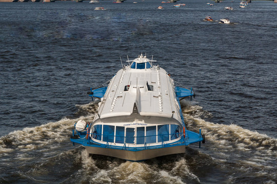 Top view of a hydrofoil vessel floating on the river