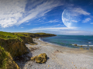 View of distant planet system from cliffs