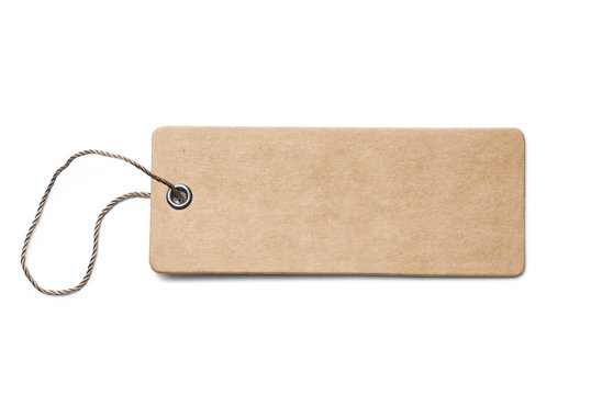 Blank brown cardboard price tag or label with thread isolated