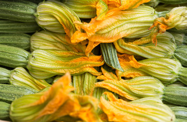 fresh zucchini flowers at the farmers market