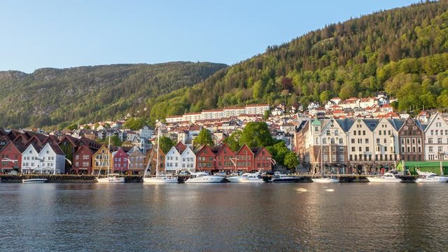 Panning view of Bergen harbour, Norway - 4K motion Timelapse