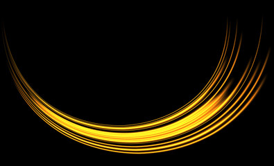 Magic glowing light swirl trail trace effect on black background. Glitter fire spark wave line with flying