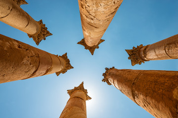 Roman columns in the  Jerash (Gerasa),  Jordan. Temple of Artemis in Jerash, the Gerasa of Antiquity