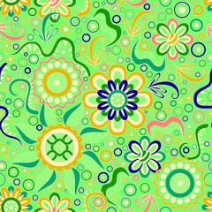 Abstract Seamless Background with Symbolical Colorful Patterns and Floral Ornaments. Vector