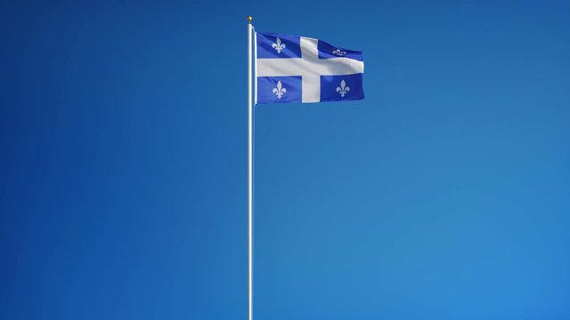 Quebec flag waving in slow motion against blue sky, seamlessly looped, long shot, isolated on alpha channel with black and white luminance matte, perfect for film, news, digital composition
