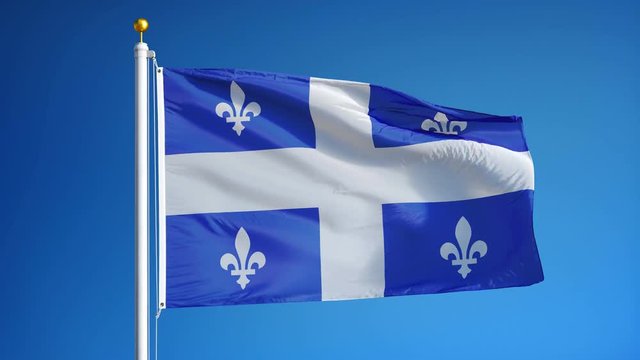Quebec flag waving in slow motion against blue sky, seamlessly looped, close up, isolated on alpha channel with black and white luminance matte, perfect for film, news, digital composition