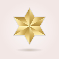 Golden abstract 3d six pointed star icon with dropped shadow on pink gradient background