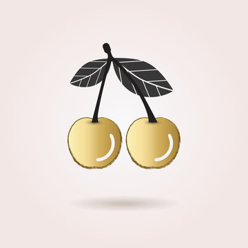 Black and golden abstract cherry icon with dropped shadow on pink gradient background