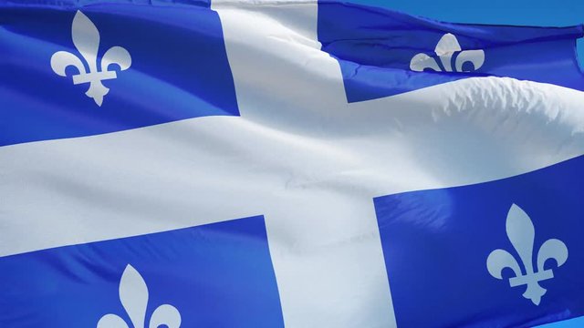 Quebec flag waving in slow motion against blue sky, seamlessly looped, close up, isolated on alpha channel with black and white luminance matte, perfect for film, news, digital composition