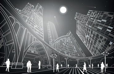 Big bridge, night city on background, industrial and infrastructure illustration, white lines landscape, people walk on the square, dark version, vector design art