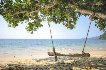 Wooden swing on tropical beach background, happy summer holiday concept 