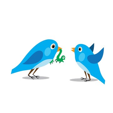 bird male caught a green caterpillar and brought another bird to the female, vector illustration cartoon