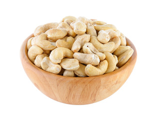 cashew nut in wood bowl on white background