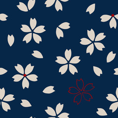 Seamless traditional Japanese sakura pattern, cherry blossom, ecru and red on navy blue background. Ethnic textile design. - 113758013