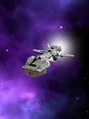 Science fiction illustration of an interplanetary spaceship flying away from a purple nebula in deep space, 3d digitally rendered illustration