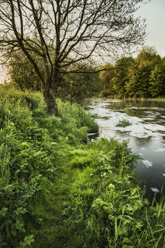 Beautiful sunrise landscape image of river flowing and lush gree