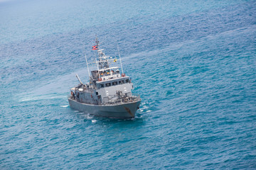 Grey modern warship,aerial view