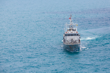Grey modern warship,aerial view