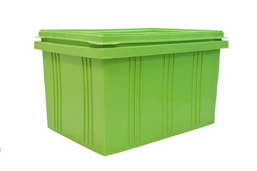 green plastic box packaging of finished goods product on white background with clipping paths