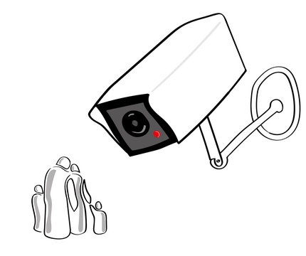 A giant CCTV or surveillance camera looks down on a stylized group of people representing a  typical family