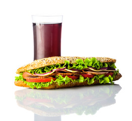 Long Sandwich with Cold Cola on White